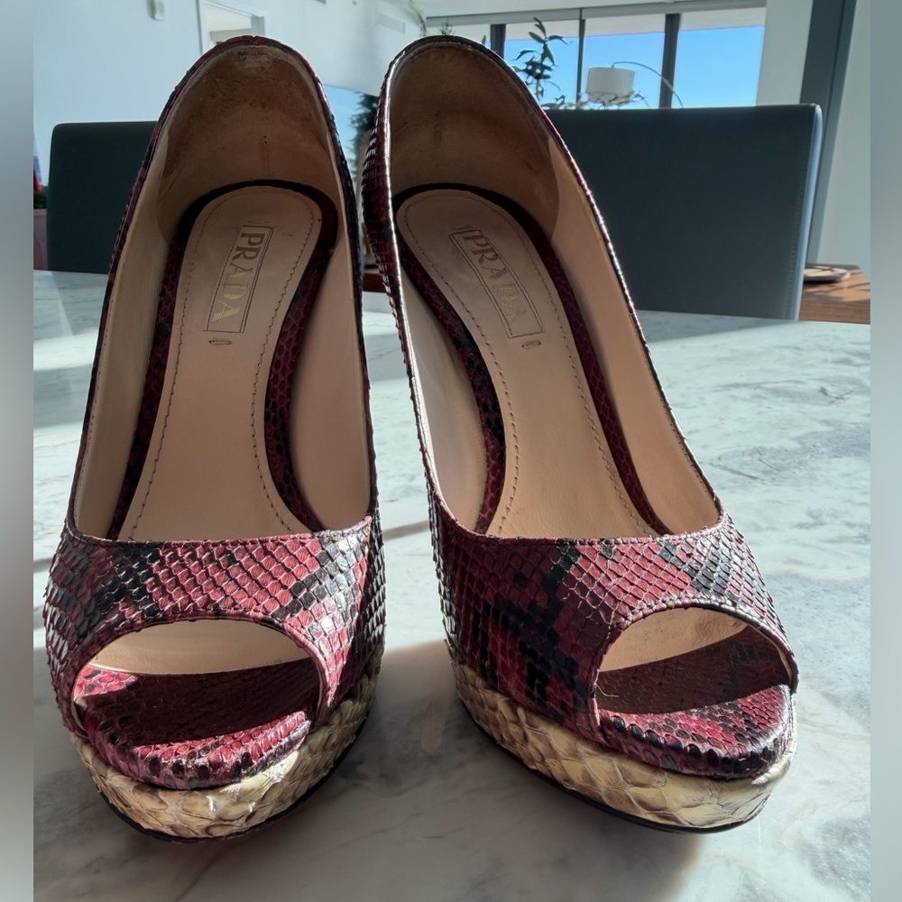 Prada Women's Burgundy and Beige Snakeskin Peep Toe Heels